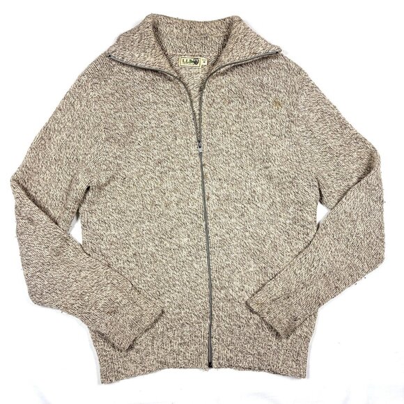 VTG LL Bean Beige Tan Wool Knit Full-Zip Cardigan Grandpa Sweater Mens Med - Picture 1 of 9